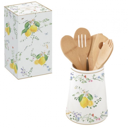 Porte Ustensile  en Porcelaine avec 5 Ustensiles de Cuisine en Bambou - FLOWER CITRUS
