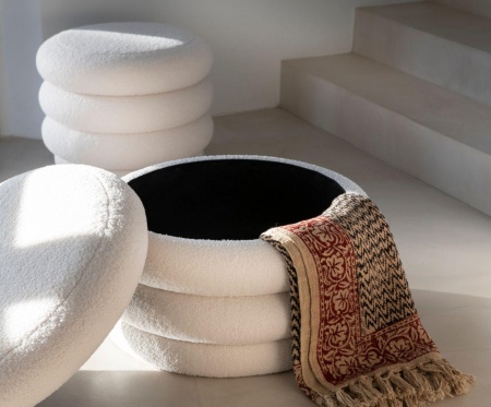 POUF BOUCLÉ BLANC STOCKAGE Ø60X41CM