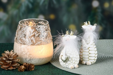 Renne assis ou debout /arbre/coeur, blanc/or, r&eacute;sine, 6x5x12cm