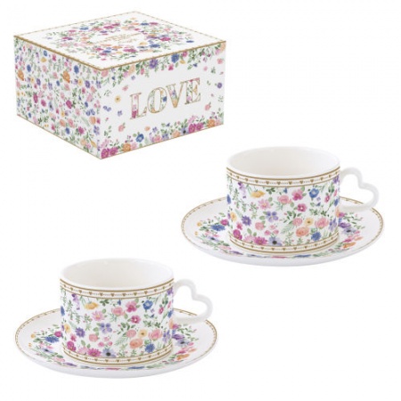 Set 2 Tasses en Porcelaine 240 ml avec Anse en Forme de C?\ ur et Soucoupe  - MON AMOUR