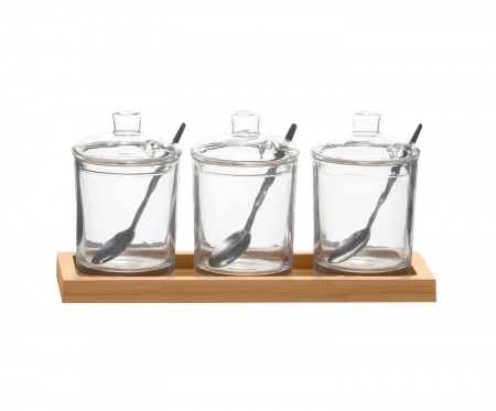 SET DE 3 SUCRIERS / CONFITURIERS DE TABLE en verre avec plateau en bois