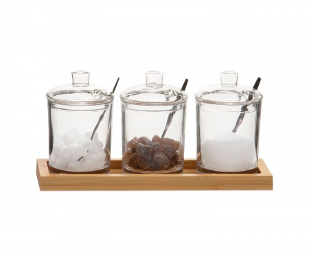 SET DE 3 SUCRIERS / CONFITURIERS DE TABLE en verre avec plateau en bois